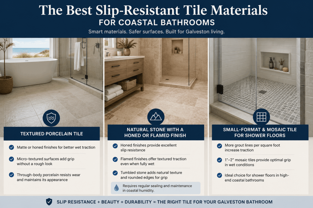 Textured matte porcelain tile slip-resistant coastal bathroom Galveston Texas renovation